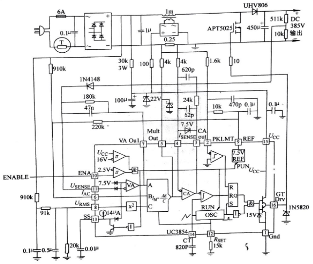 图5 UC3854内部结构及典型电路