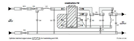 图2a. 降压型转换器电路中采用LinkSwitch-TN器件P或G封装的PCB板建议布局
