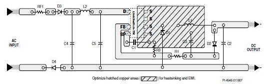 降压型转换器电路中采用LinkSwitch-TN器件D封装的PCB板建议布局
