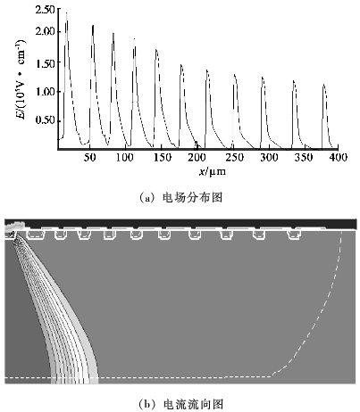 图5 击穿时的电场分布图和电流流向图