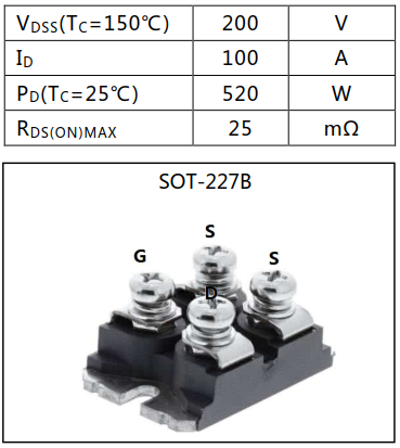 SOT-227封装N沟道增强型100A/200V MOSFET