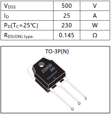 N沟道增强型25A/500V MOSFET