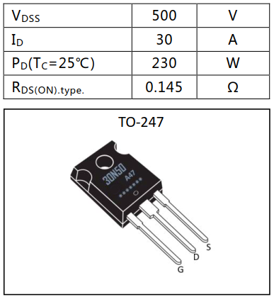 N沟道增强型30A/500V MOSFET