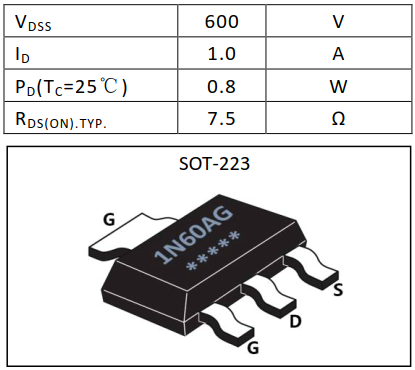 N沟道增强型1A/600V MOSFET