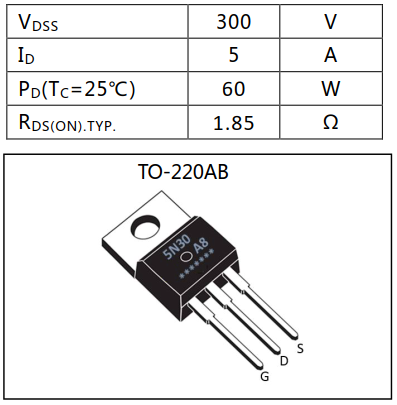 N沟道增强型5A/300V MOSFET