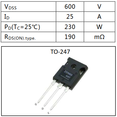 N沟道增强型25A/600V MOSFET