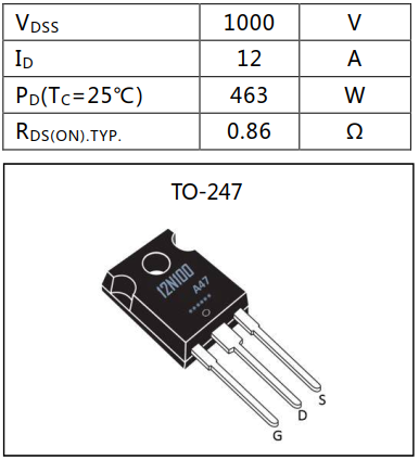N沟道增强型12A/1000V MOSFET
