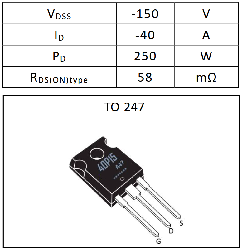 150V40A高压P沟道功率MOSFET